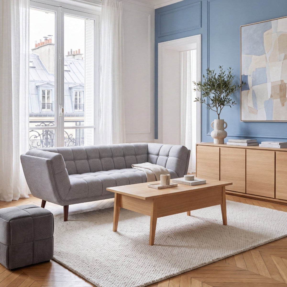Pouf velours côtelé gris