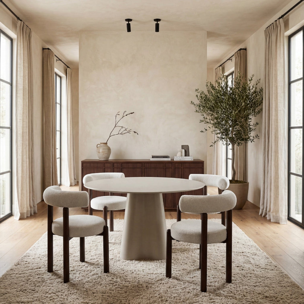Table repas D120 en verre beige mat