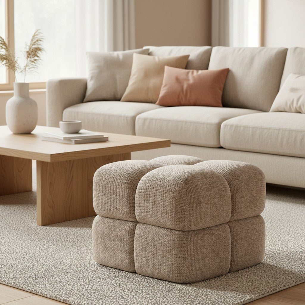 Pouf  tissu texturé camel